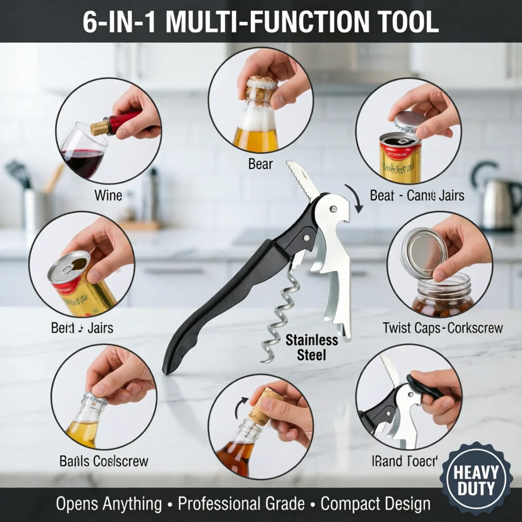 6-in-1 Multi-Function Bottle Opener - Opens Wine, Beer, Cans, Jars, Twist Caps | Heavy Duty Stainless Steel | Ergonomic Handle |
6-in-1 Multi-Function Bottle Opener - Opens Wine, Beer, Cans, Jars, Twist Caps | Heavy Duty Stainless Steel | Ergonomic Handle |