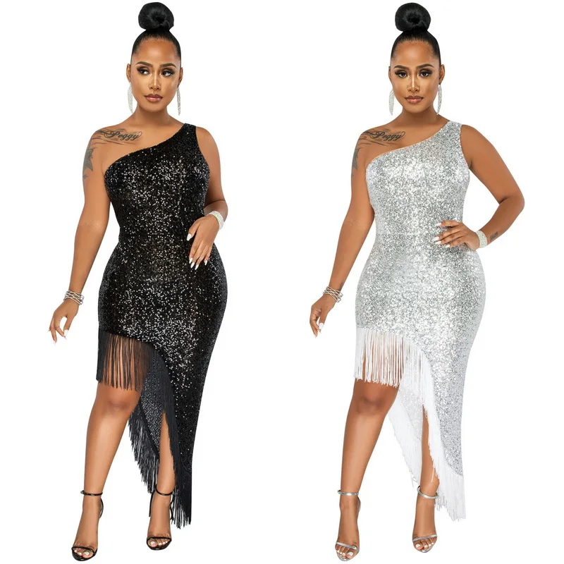 Women's Fashion Sexy Sequin Long Dress Summer Black White Diagonal Collar one Shoulder Tassels Irregular Party Dresses
Women's Fashion Sexy Sequin Long Dress Summer Black White Diagonal Collar one Shoulder Tassels Irregular Party Dresses
