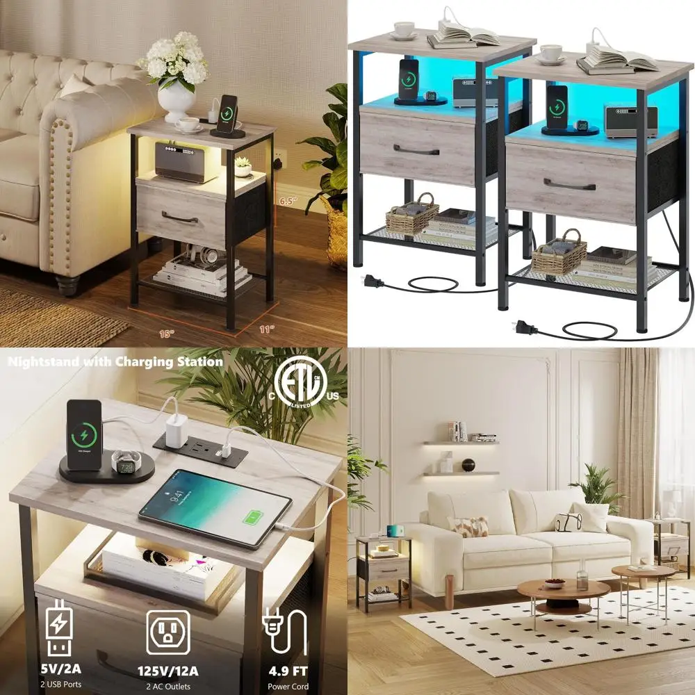 3-Tier LED Nightstand with Charging Station and Fabric Drawer for Bedroom, Greige
3-Tier LED Nightstand with Charging Station and Fabric Drawer for Bedroom, Greige