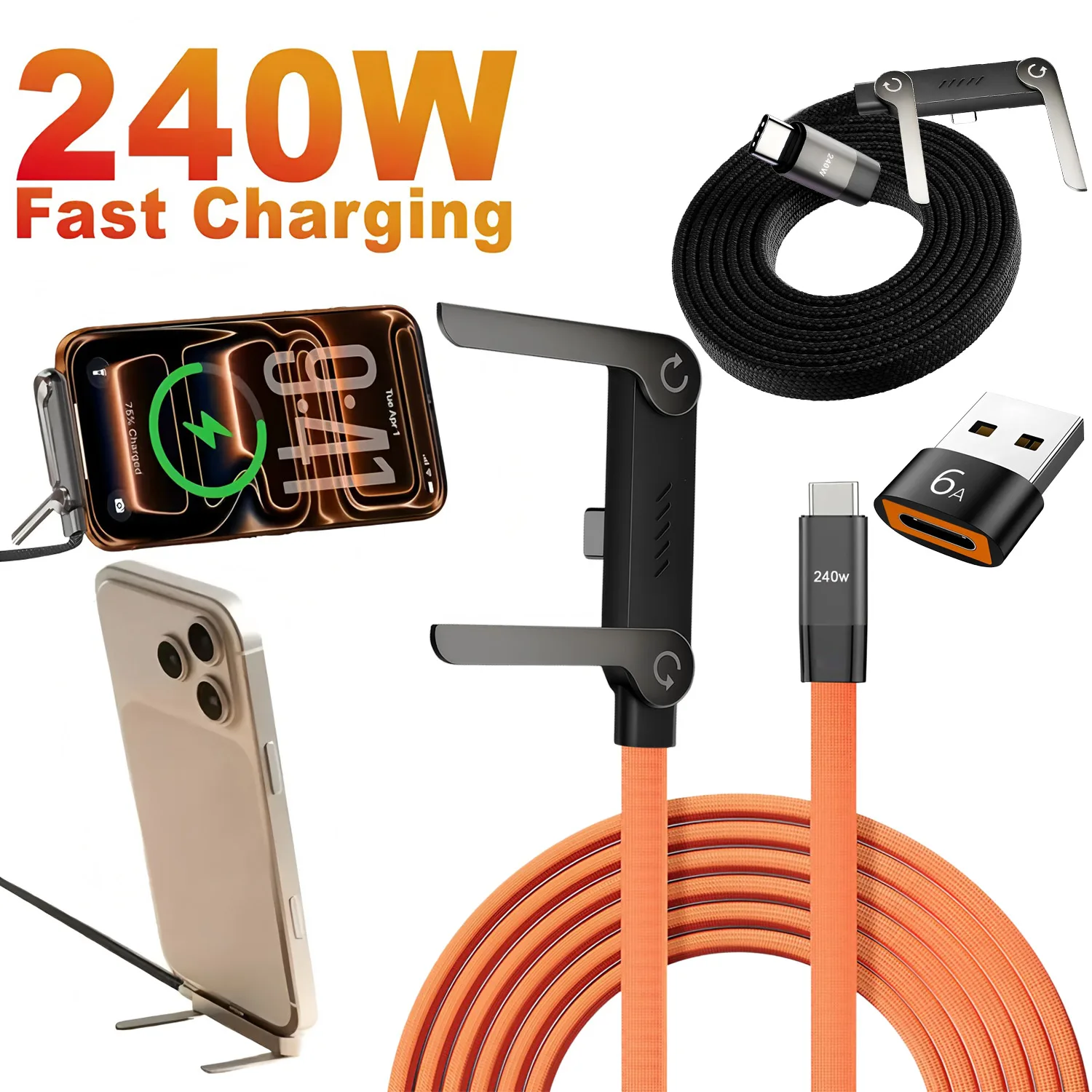 240W PD Fast Charging Type-C to Type-C Cable USB C to Type-C Cable with Foldable Stand Phone Holder For iPhone / Android/Xiaomi
240W PD Fast Charging Type-C to Type-C Cable USB C to Type-C Cable with Foldable Stand Phone Holder For iPhone / Android/Xiaomi