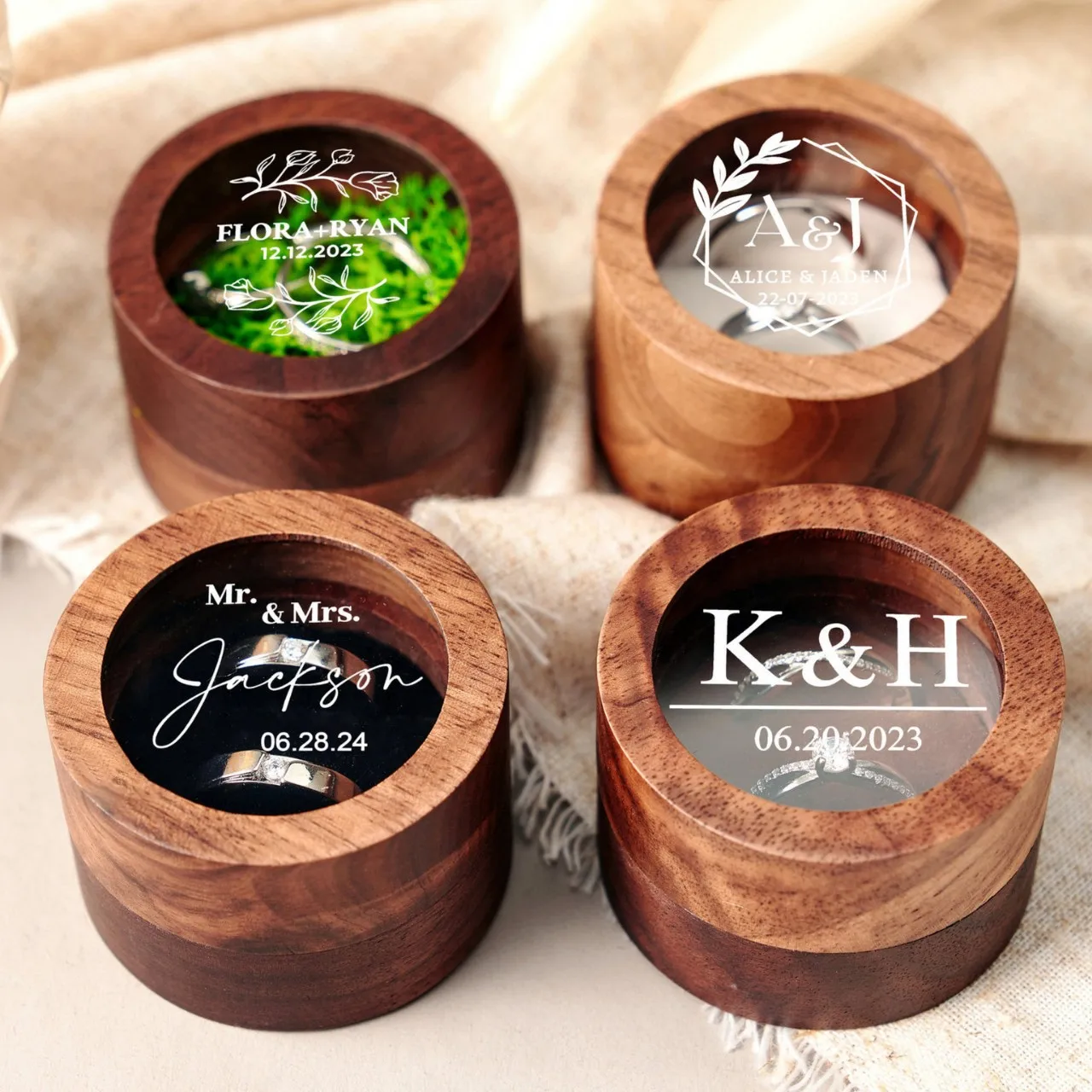 Custom Walnut Wood Round Ring Box 2 Slots Couple Wedding Ring Jewelry Storage Box
Custom Walnut Wood Round Ring Box 2 Slots Couple Wedding Ring Jewelry Storage Box