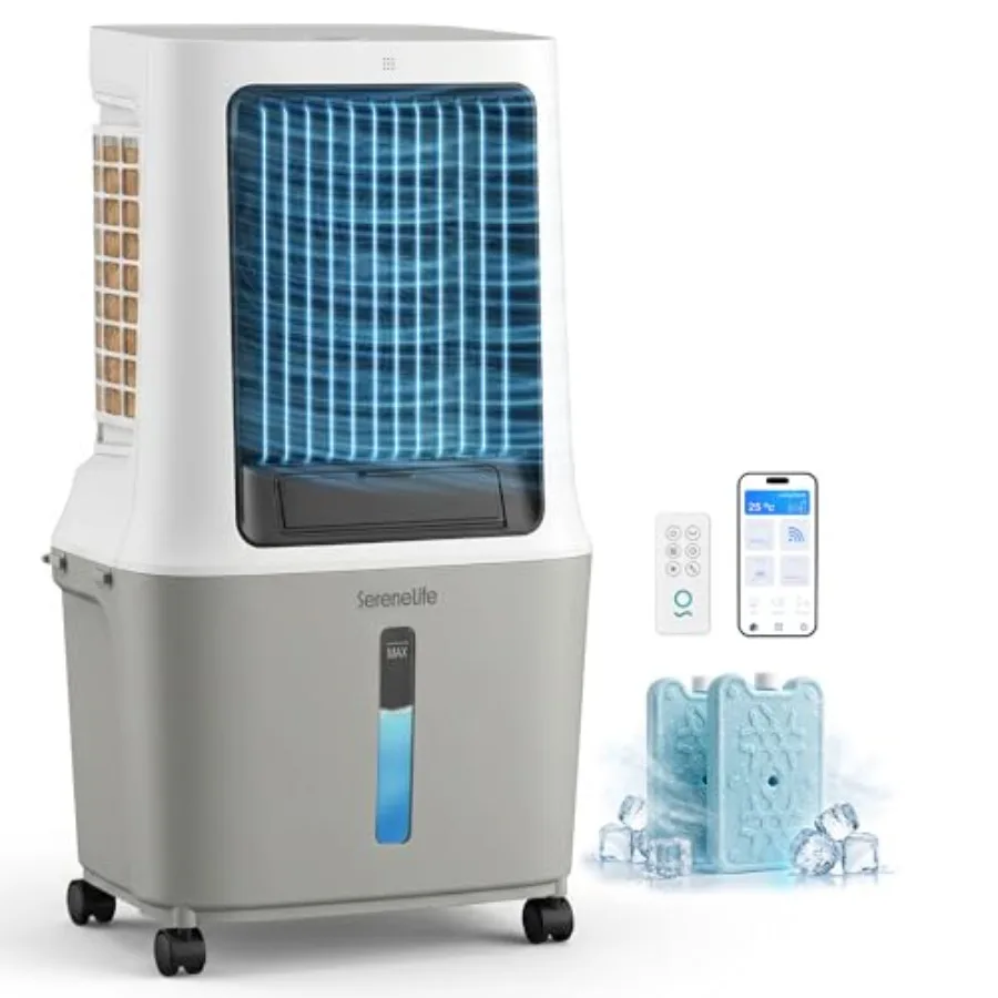 Portable swamp cooler for indoor/outdoor use, plastic housing, white, 2500 CFM airflow with WiFi control, humidifier and fan mo
Portable swamp cooler for indoor/outdoor use, plastic housing, white, 2500 CFM airflow with WiFi control, humidifier and fan mo