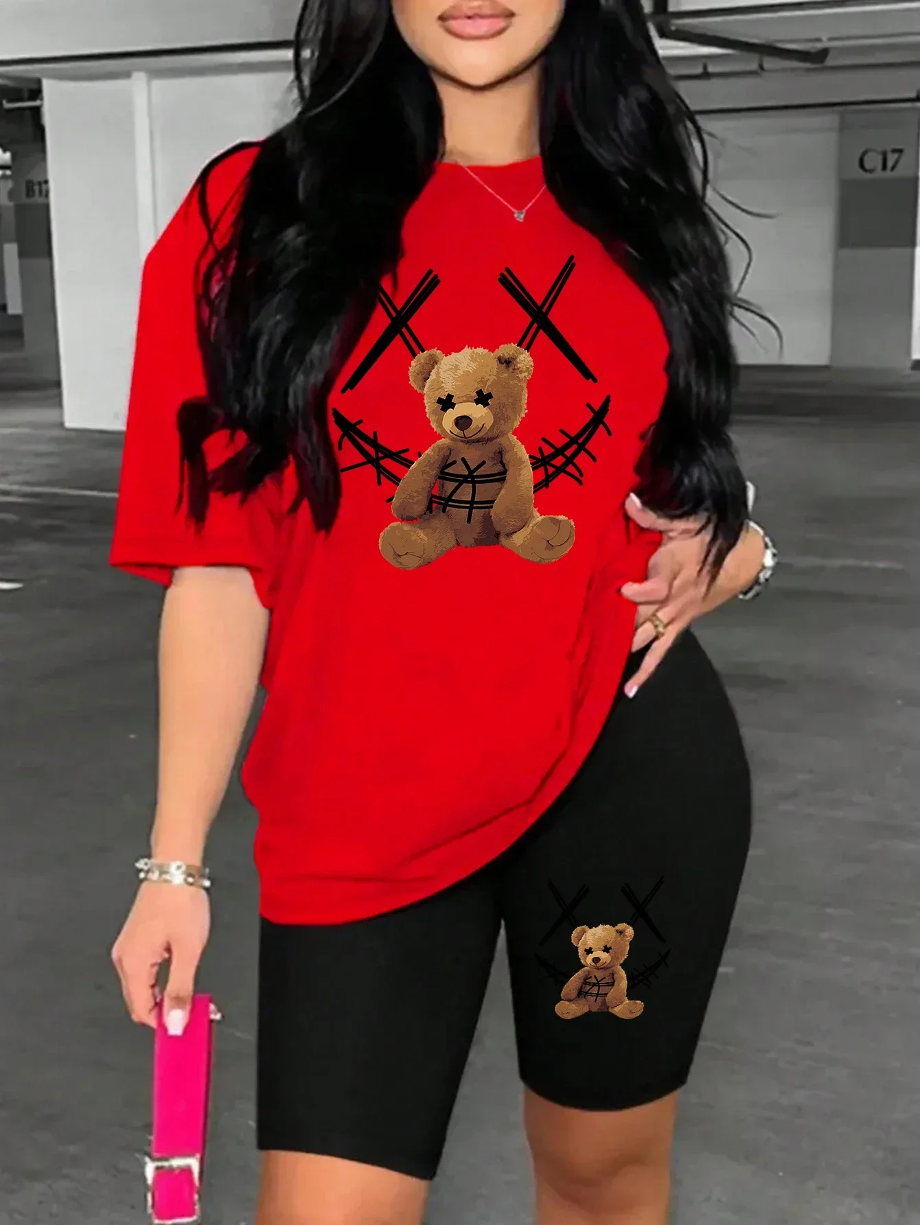 Smiling Face Plush Bear Pattern Print Womens Short Sleeved Shorts Set Soft Trendy Two Piece Set Basics Versatile Shorts Sets
Smiling Face Plush Bear Pattern Print Womens Short Sleeved Shorts Set Soft Trendy Two Piece Set Basics Versatile Shorts Sets