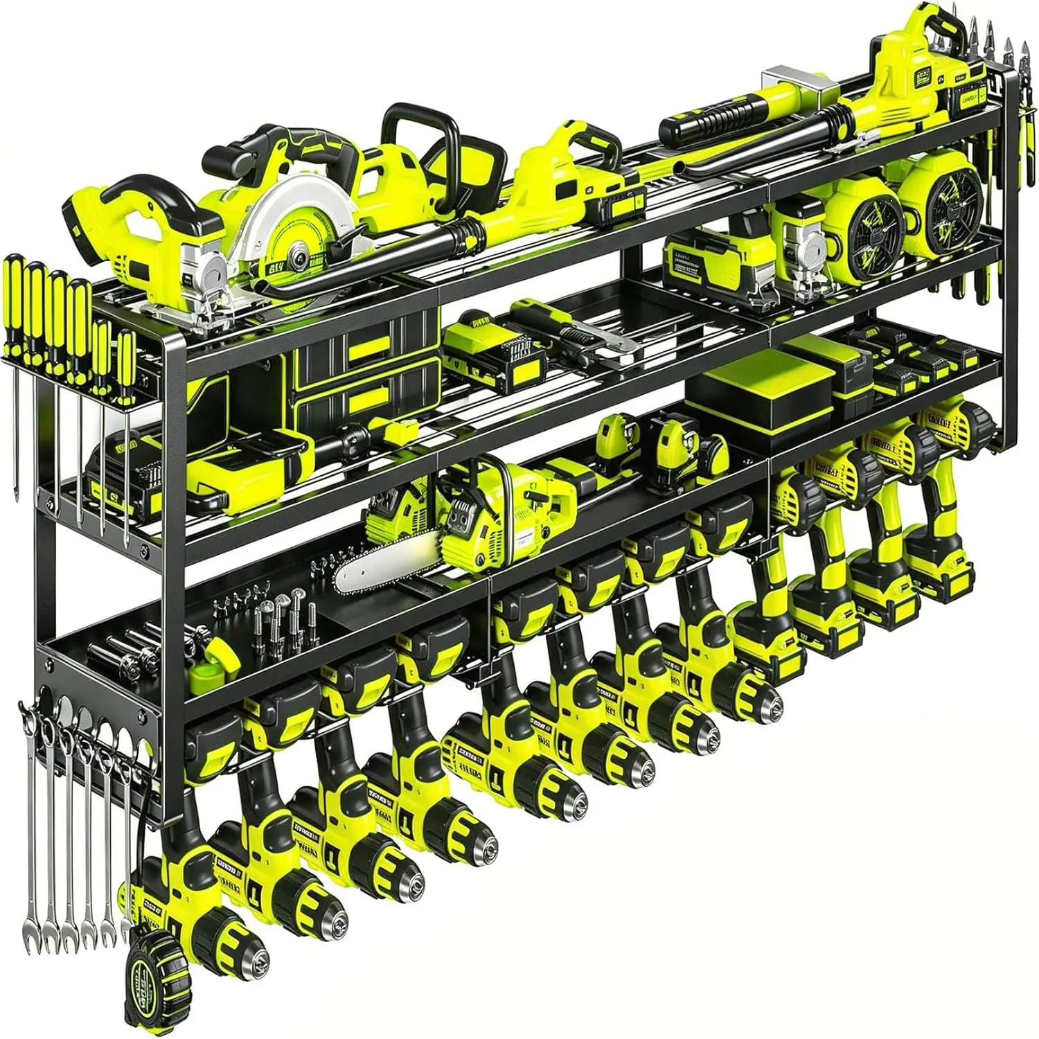 49" Heavy Duty Wall Mount Power Tool Organizer, 4-Tier Storage Rack with 12 Drill Holders & Battery Shelves, 600LBS Capacity for
49" Heavy Duty Wall Mount Power Tool Organizer, 4-Tier Storage Rack with 12 Drill Holders & Battery Shelves, 600LBS Capacity for