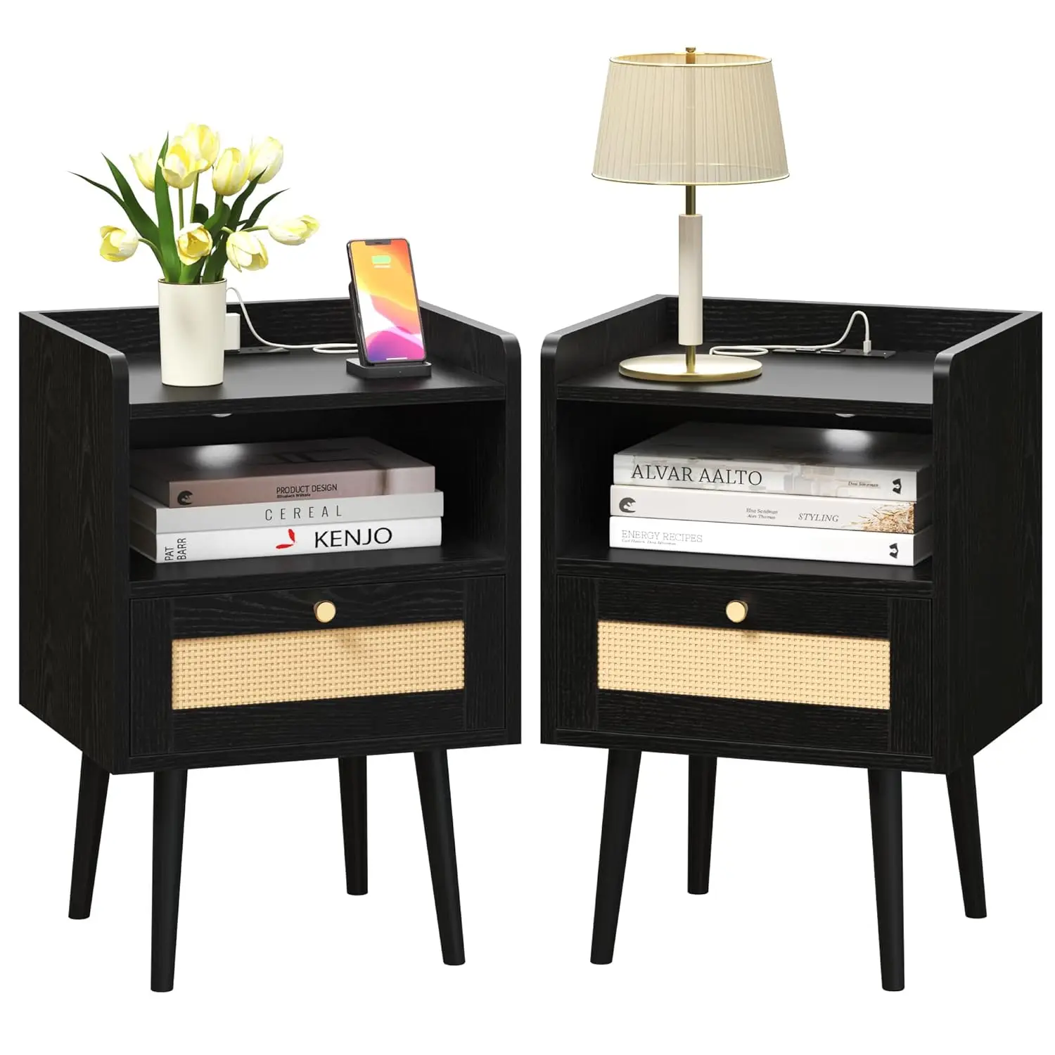 2-Tier Nightstand Charging Station Rattan Solid Wood Legs Boho Bedroom Apartment Dorm Small Space Black, Customized
2-Tier Nightstand Charging Station Rattan Solid Wood Legs Boho Bedroom Apartment Dorm Small Space Black, Customized