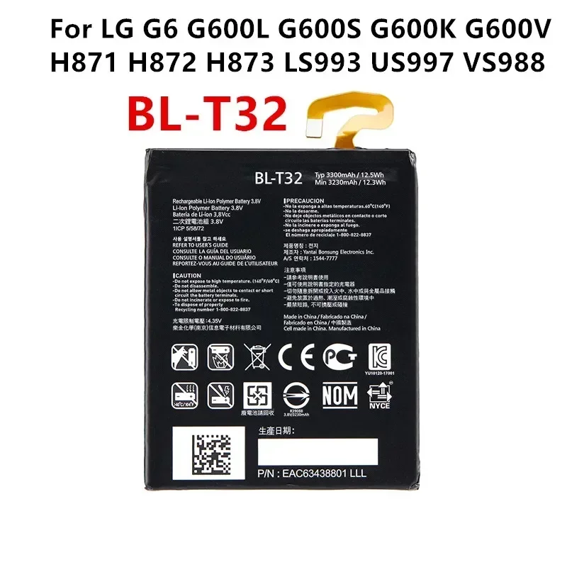 Original BL-T32 3300mAh Battery For LG G6 G600L G600S G600K G600V H871 H872 H873 LS993 US997 VS988 T32 BLT32 phone Batteries
Original BL-T32 3300mAh Battery For LG G6 G600L G600S G600K G600V H871 H872 H873 LS993 US997 VS988 T32 BLT32 phone Batteries