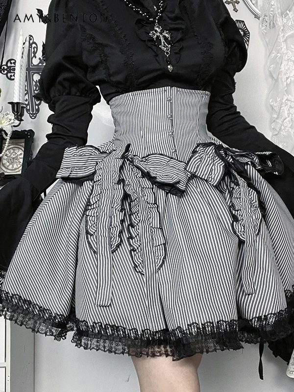 Subculture Harajuku Style High Waist Striped Skirt Women Cute Bow Lace Patchwork Tutu Skirts Halloween Lolita Gothic Mini Skirt 
Subculture Harajuku Style High Waist Striped Skirt Women Cute Bow Lace Patchwork Tutu Skirts Halloween Lolita Gothic Mini Skirt
