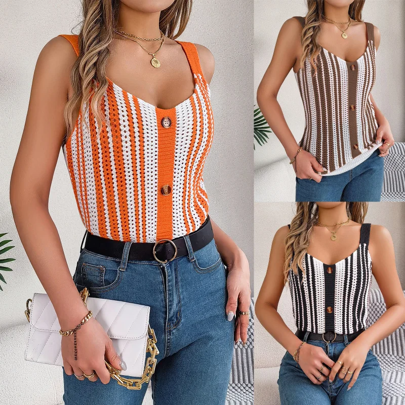 2025 Spring and SummerVButton Collar Color-Block Hollow Knit Vacation Camisole Top C002
2025 Spring and SummerVButton Collar Color-Block Hollow Knit Vacation Camisole Top C002