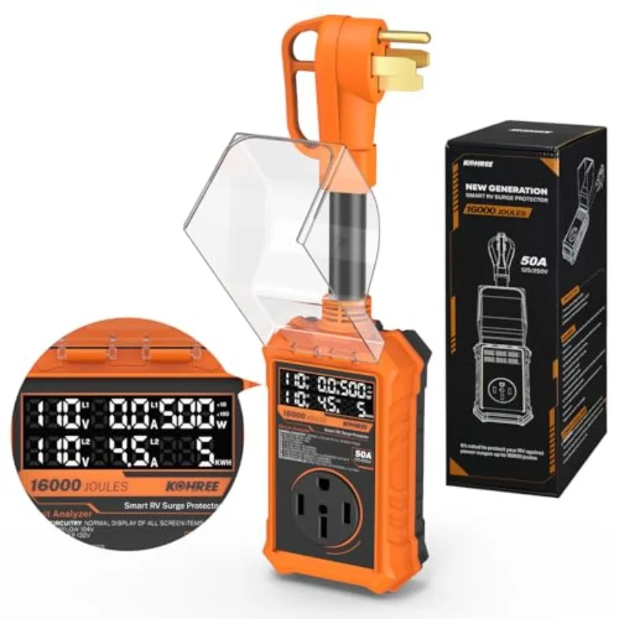 RV Surge Protector 50 Amp for Travel Trailers and Campers Orange ABS Plastic with Real-Time Circuit Analyzer Smart Auto Shut Of
RV Surge Protector 50 Amp for Travel Trailers and Campers Orange ABS Plastic with Real-Time Circuit Analyzer Smart Auto Shut Of