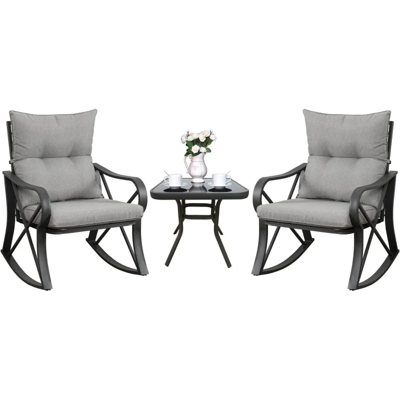 3 Piece Outdoor Bistro Set Patio Rocking Chairs with Warm Gray Cushions & Glass-Top Side Table Weather-Resistant Leisure Furnitu
3 Piece Outdoor Bistro Set Patio Rocking Chairs with Warm Gray Cushions & Glass-Top Side Table Weather-Resistant Leisure Furnitu