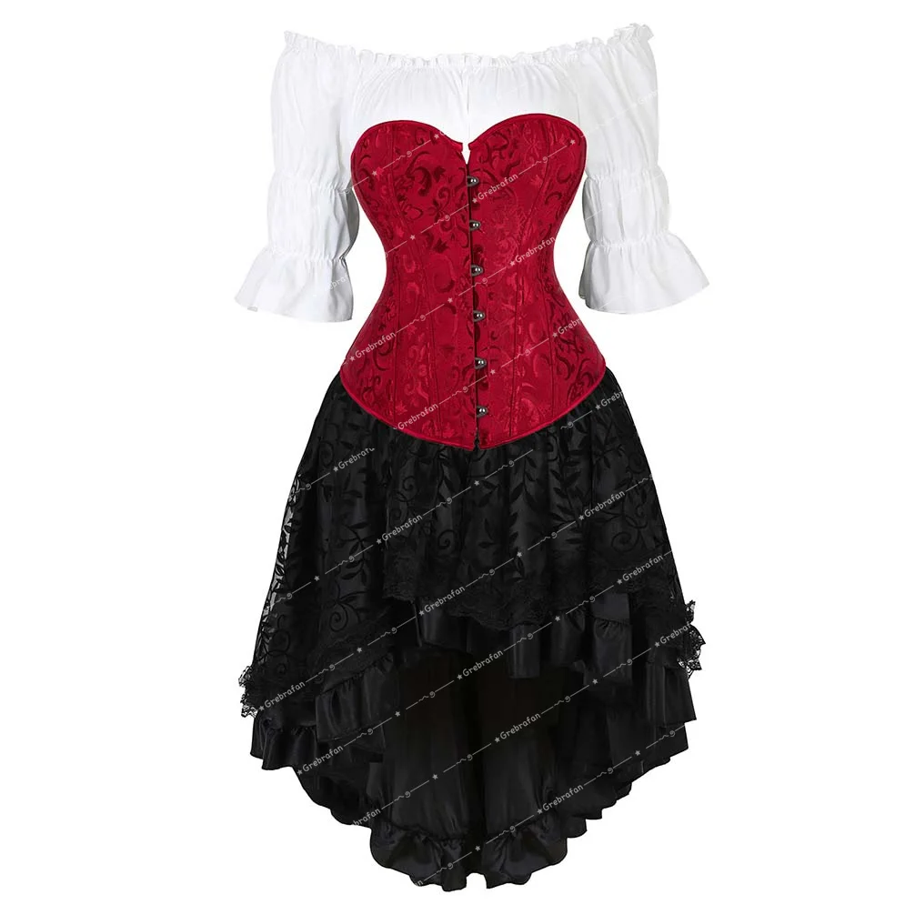 Goth Corset Bustier 3 Piece Outfits Embroidered Bustiers Jacquard Corsets with Pirate Skirt and Blouse Set Halloween Costumes
Goth Corset Bustier 3 Piece Outfits Embroidered Bustiers Jacquard Corsets with Pirate Skirt and Blouse Set Halloween Costumes