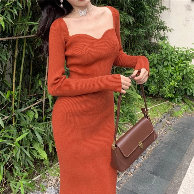 Vintage Square Neck Ribbed Thicken Warm Knitted Dresses Women Long Sleeve High Stretch Basic Bodycon Streetwear Autumn Winter
Vintage Square Neck Ribbed Thicken Warm Knitted Dresses Women Long Sleeve High Stretch Basic Bodycon Streetwear Autumn Winter