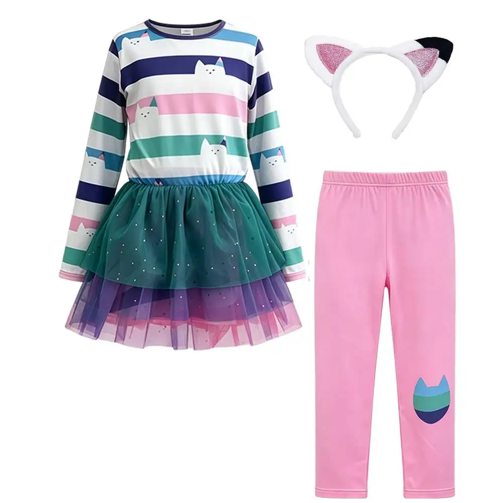 Girls Cat Costume 3-Piece Outfit Striped Tutu Dress pant Cat Ear Headband 3pcs outfits Kids Halloween birthday Cosplay Set
Girls Cat Costume 3-Piece Outfit Striped Tutu Dress pant Cat Ear Headband 3pcs outfits Kids Halloween birthday Cosplay Set