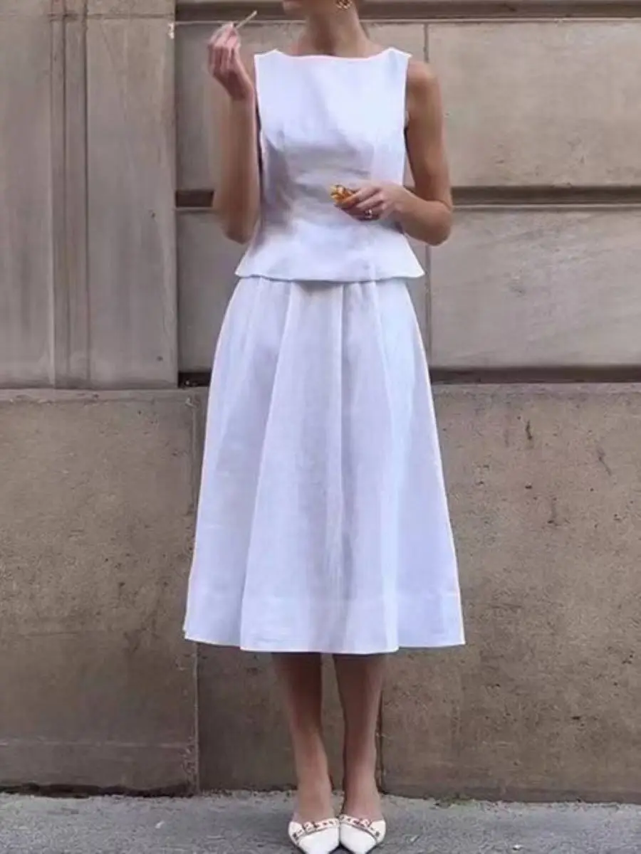 Solid Color Women's Linen Set O-Neck Sleeveless Ruffles Hem Vest and High Waist A-Line Midi Skirt Elegant Ladies Suit
Solid Color Women's Linen Set O-Neck Sleeveless Ruffles Hem Vest and High Waist A-Line Midi Skirt Elegant Ladies Suit