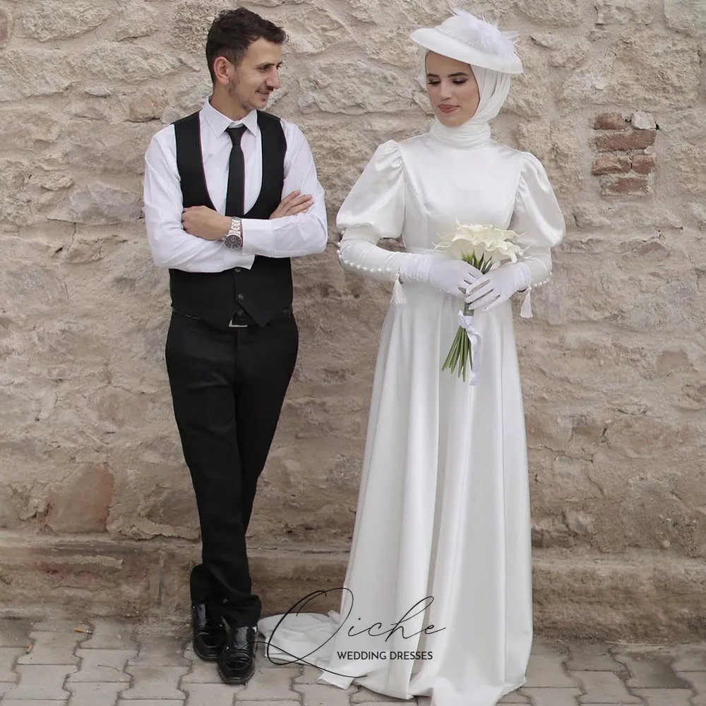 QICHE Elegant Muslim Wedding Dresses Silk Satin High Collar Long Sleeves with Pearls Bridal Gown Customized Saudi Dubai Gown
QICHE Elegant Muslim Wedding Dresses Silk Satin High Collar Long Sleeves with Pearls Bridal Gown Customized Saudi Dubai Gown