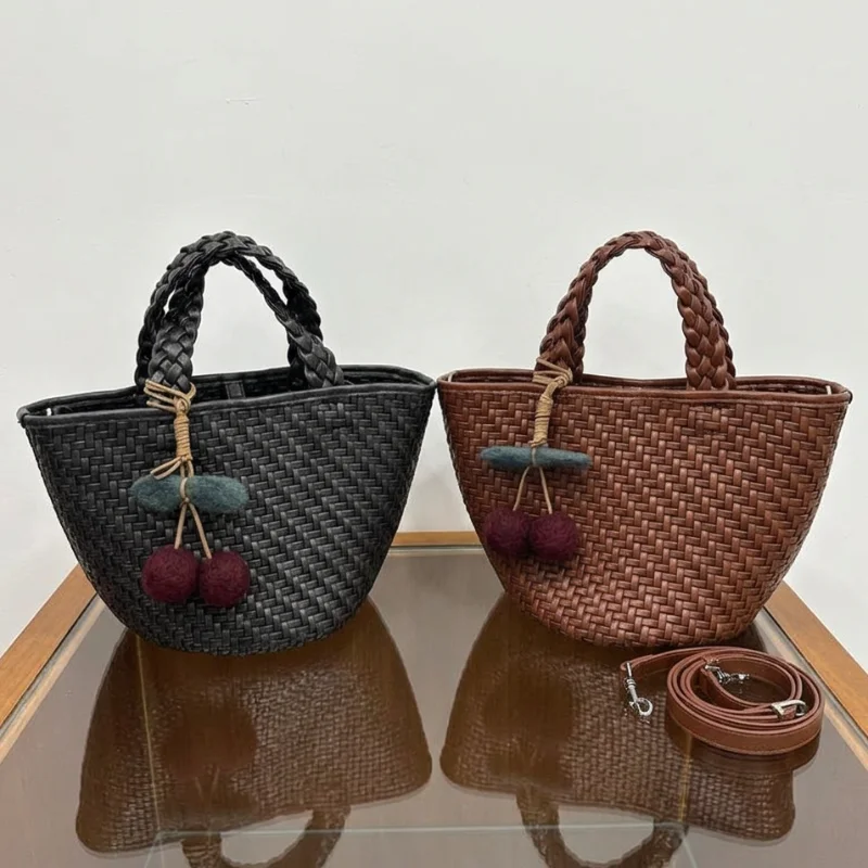French Vintage Woven Basket Bag Luxury Genuine Leather Hand-woven Tote Bag With Cherry Pendant Solid Color Simple Shoulder Bag
French Vintage Woven Basket Bag Luxury Genuine Leather Hand-woven Tote Bag With Cherry Pendant Solid Color Simple Shoulder Bag