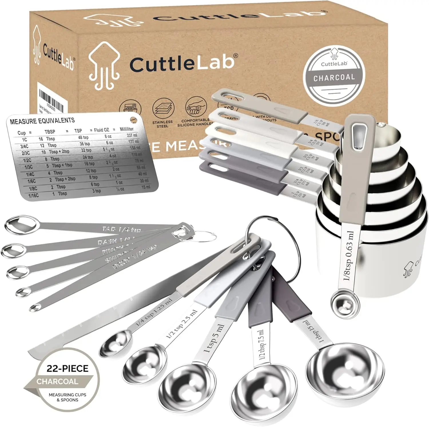 22-Piece Stainless Steel Measuring Cups & Spoons Set, Engraved, Color-Coded, with Leveler & Magnet Chart
22-Piece Stainless Steel Measuring Cups & Spoons Set, Engraved, Color-Coded, with Leveler & Magnet Chart