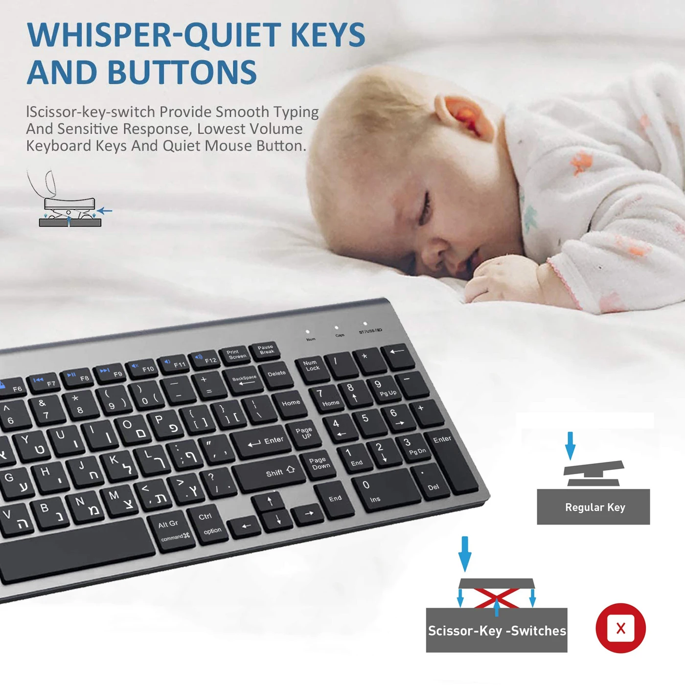 Ивритская английская двухрежимная трехканальная Bluetooth-клавиатура Тонкая бесшумная беспроводная клавиатура для ПК Ноутбук Windows IOS Mac Android 
Ивритская английская двухрежимная трехканальная Bluetooth-клавиатура Тонкая бесшумная беспроводная клавиатура для ПК Ноутбук Windows IOS Mac Android