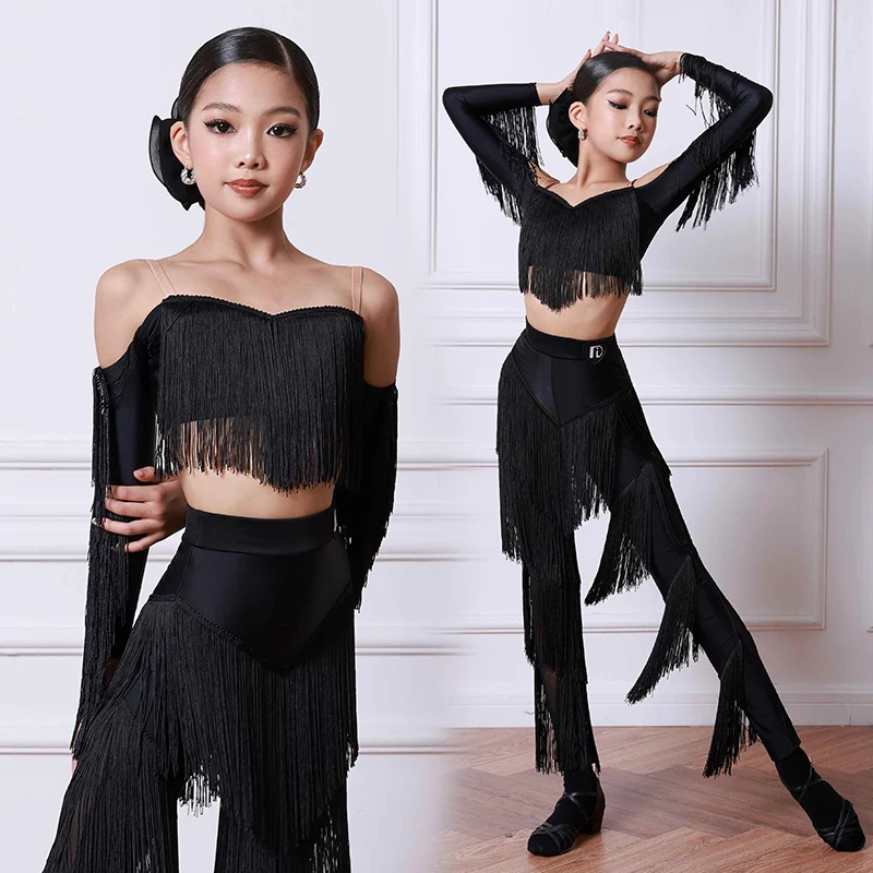 2025 New Girls Latin Dance Costume Fringe Top Pants Set Black Performance Clothing Kid Cha Cha Samba Salsa Training Suit AMY2697
2025 New Girls Latin Dance Costume Fringe Top Pants Set Black Performance Clothing Kid Cha Cha Samba Salsa Training Suit AMY2697
