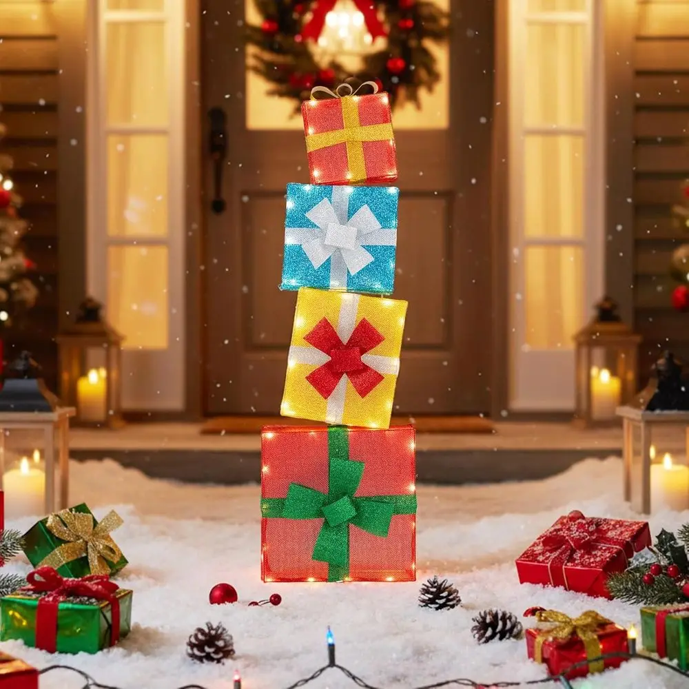 Stackable Outdoor Pre-lit Christmas Gift Boxes with LED Lights, Decorative Bows, Glitter Texture for Indoor and Outdoor Use
Stackable Outdoor Pre-lit Christmas Gift Boxes with LED Lights, Decorative Bows, Glitter Texture for Indoor and Outdoor Use