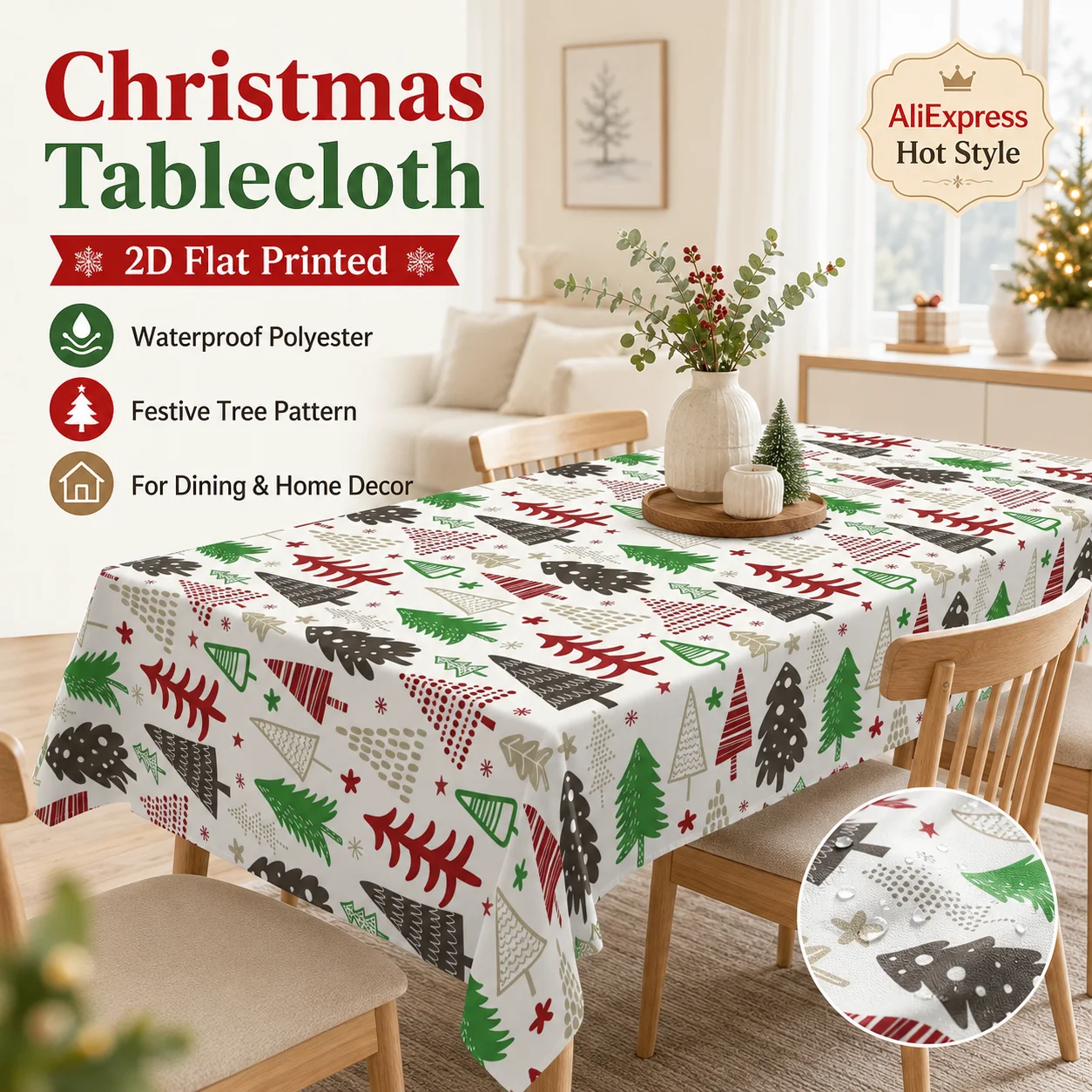 Festive Christmas Tree Tablecloth Waterproof Polyester 2D Flat Printed Table Cover For Home Dining Kitchen Holiday Decoration
Festive Christmas Tree Tablecloth Waterproof Polyester 2D Flat Printed Table Cover For Home Dining Kitchen Holiday Decoration