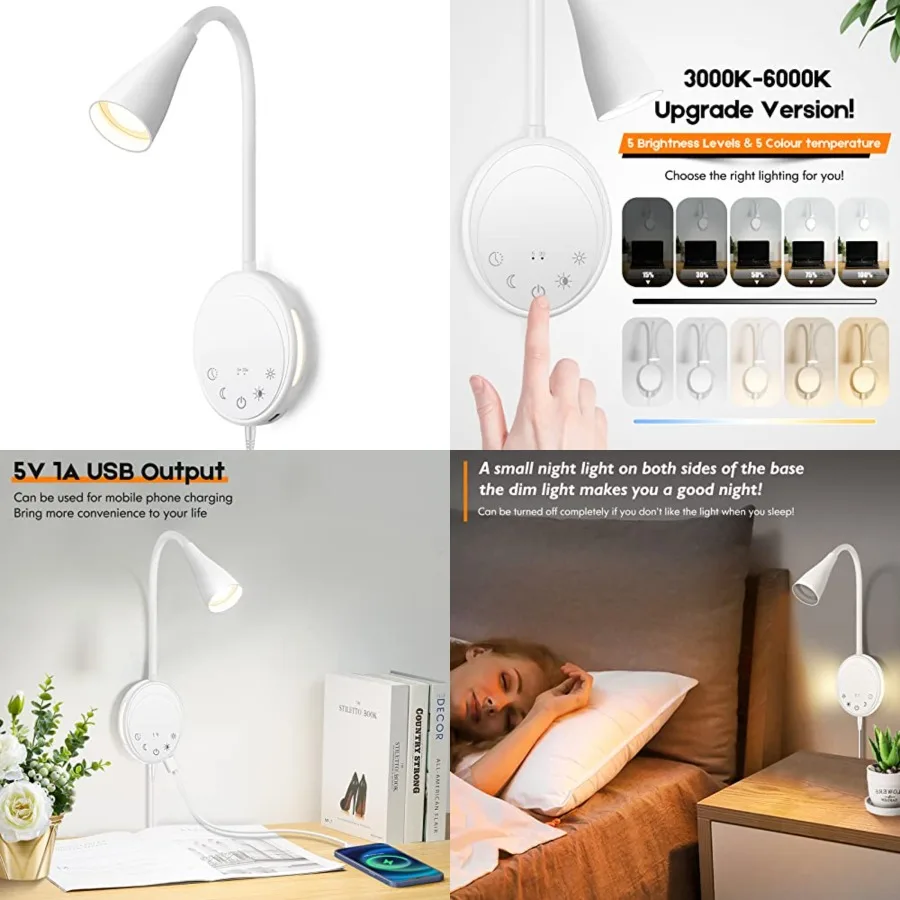 LED Wall Mounted Reading Light, Book Light for Reading in Bed with Touch Control, 5 Dimmable, USB Output, Night Light and Timer
LED Wall Mounted Reading Light, Book Light for Reading in Bed with Touch Control, 5 Dimmable, USB Output, Night Light and Timer
