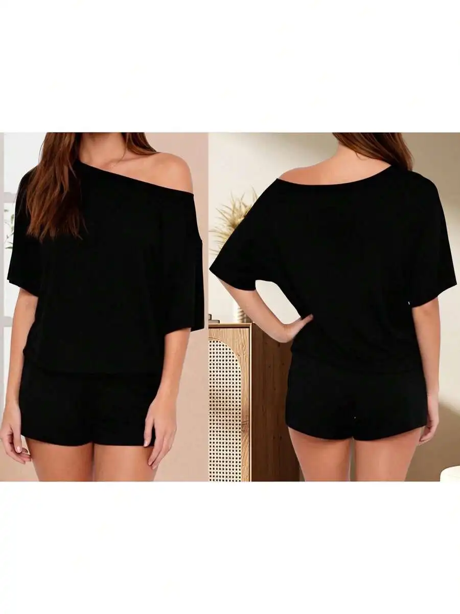 Women Summer Pajama Set Solid Off Shoulder Short Sleeve Top And Mini Shorts 2 Piece Lounge Outfit
Women Summer Pajama Set Solid Off Shoulder Short Sleeve Top And Mini Shorts 2 Piece Lounge Outfit