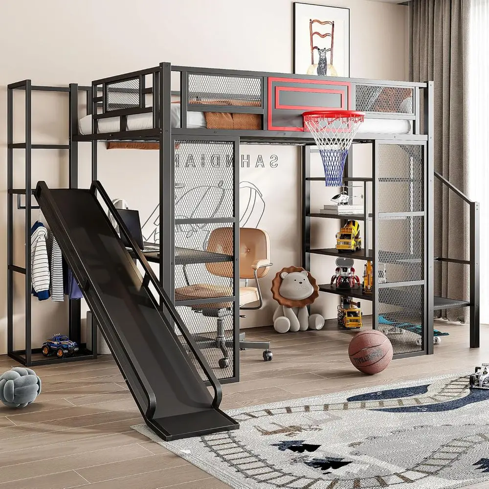 Full Size Metal Loft Bed with Desk, Wardrobe, Basketball Hoop, Slide, and Stairs - Space-Saving for Kids and Families (Black)
Full Size Metal Loft Bed with Desk, Wardrobe, Basketball Hoop, Slide, and Stairs - Space-Saving for Kids and Families (Black)