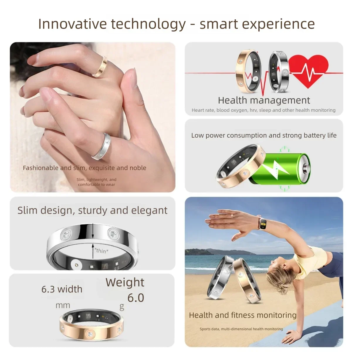 6.3mm Smart Health Monitoring Ring - Blood Oxygen Heart Rate Pressure Tracker for Sleep Exercise Family Love Physiological Cycle
6.3mm Smart Health Monitoring Ring - Blood Oxygen Heart Rate Pressure Tracker for Sleep Exercise Family Love Physiological Cycle