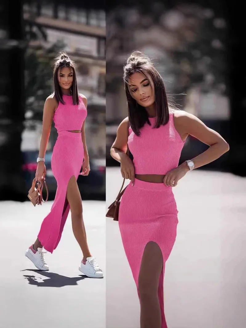 Women's Knit Two-Piece Set - Sleeveless Crop Top & High Slit Skirt Casual Outfit (Pink/Tan/Black)
Women's Knit Two-Piece Set - Sleeveless Crop Top & High Slit Skirt Casual Outfit (Pink/Tan/Black)