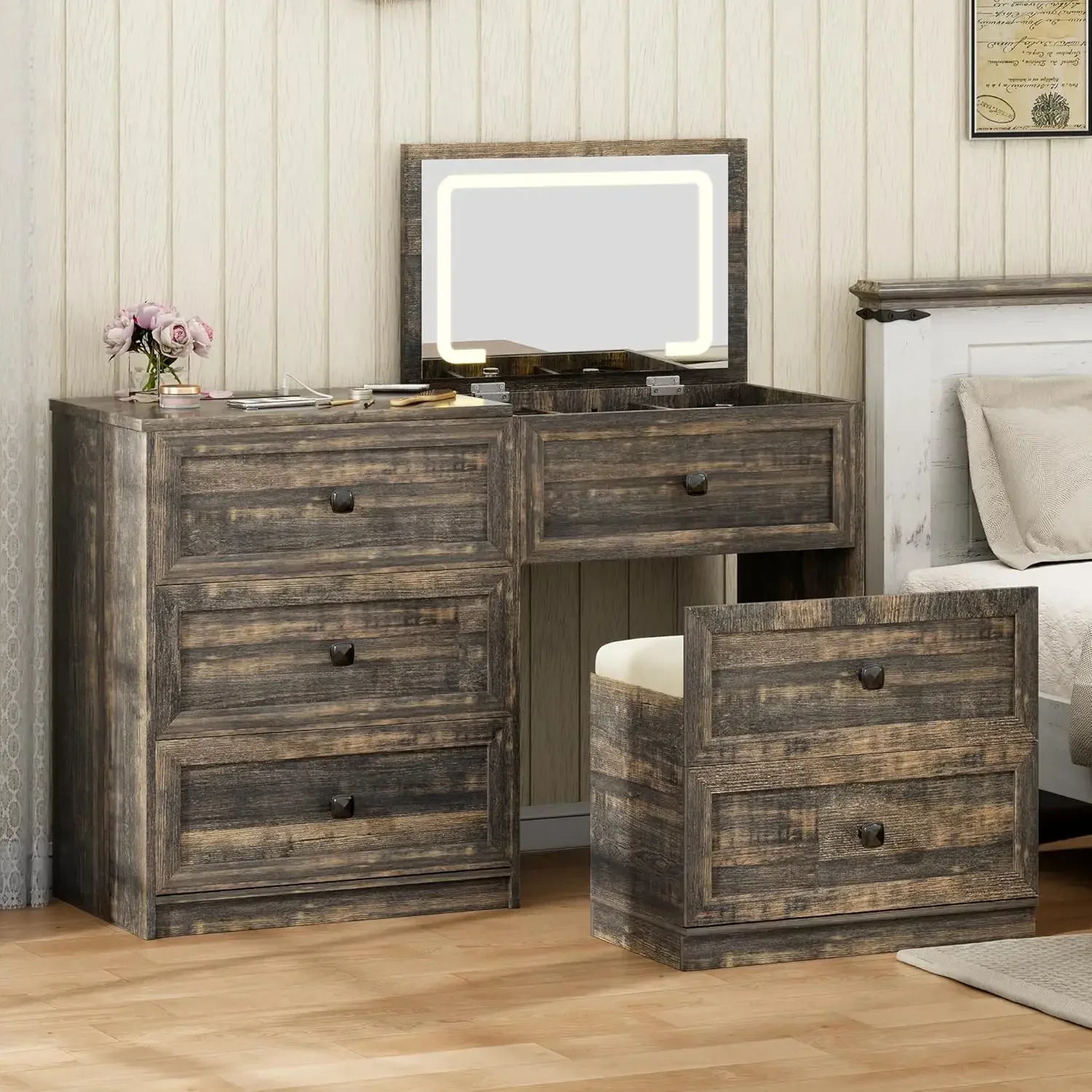 L1218 3-in-1 Vanity Desk with Flip Top Mirror and Lights, Makeup Dressing Table with Gun Drawer and Charging Station, Bedroom Dr
L1218 3-in-1 Vanity Desk with Flip Top Mirror and Lights, Makeup Dressing Table with Gun Drawer and Charging Station, Bedroom Dr