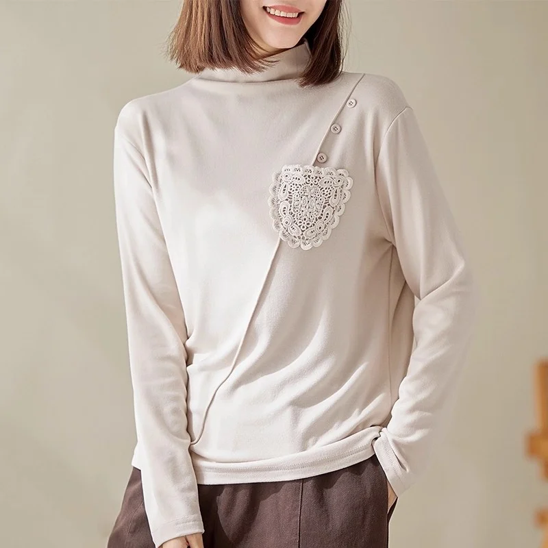 Топ большого размера, осень/зима 2023, новая теплая рубашка со свободной нижней частью, футболка с высоким воротником и длинными рукавами, вязаный пуловер W1031 
Топ большого размера, осень/зима 2023, новая теплая рубашка со свободной нижней частью, футболка с высоким воротником и длинными рукавами, вязаный пуловер W1031