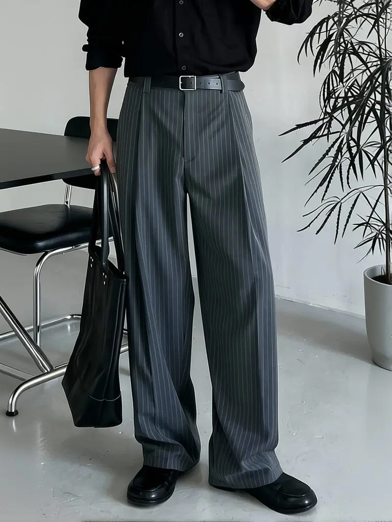Minimalist Gray Striped Wide Leg Trousers Men Vintage Ice Silk Suit Pants Work Wear Old Money Straight Casual Loose Trousers
Minimalist Gray Striped Wide Leg Trousers Men Vintage Ice Silk Suit Pants Work Wear Old Money Straight Casual Loose Trousers