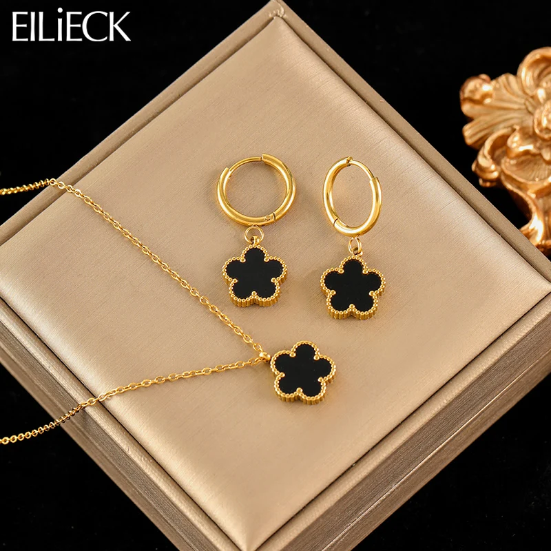 EILIECK 316L Stainless Steel Black Five-Leaf Flower Necklace Earrings Set For Women Trendy Waterproof Clover Petals Jewelry Gift
EILIECK 316L Stainless Steel Black Five-Leaf Flower Necklace Earrings Set For Women Trendy Waterproof Clover Petals Jewelry Gift
