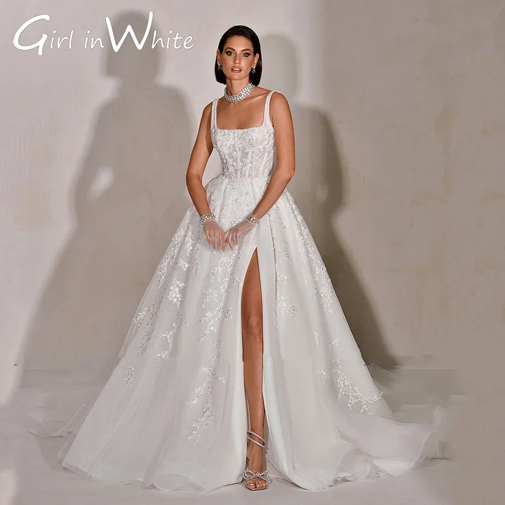 Ivory Sequin Applique Wedding Dress A-Line Customized Square Collar High Slit Sweep Train Backless Bridal Gown Vestido Novia
Ivory Sequin Applique Wedding Dress A-Line Customized Square Collar High Slit Sweep Train Backless Bridal Gown Vestido Novia