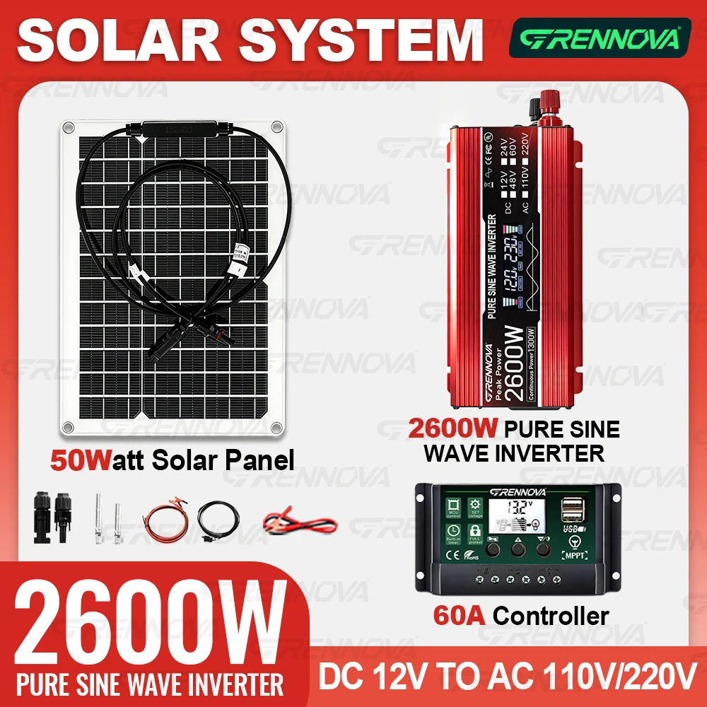 Pure Sine Wave Solar Kit 50W Panel 60A Controller Inverter (Peak 2600W Continuous 1300W) Off-Grid Power for Small Homes & RVs
Pure Sine Wave Solar Kit 50W Panel 60A Controller Inverter (Peak 2600W Continuous 1300W) Off-Grid Power for Small Homes & RVs