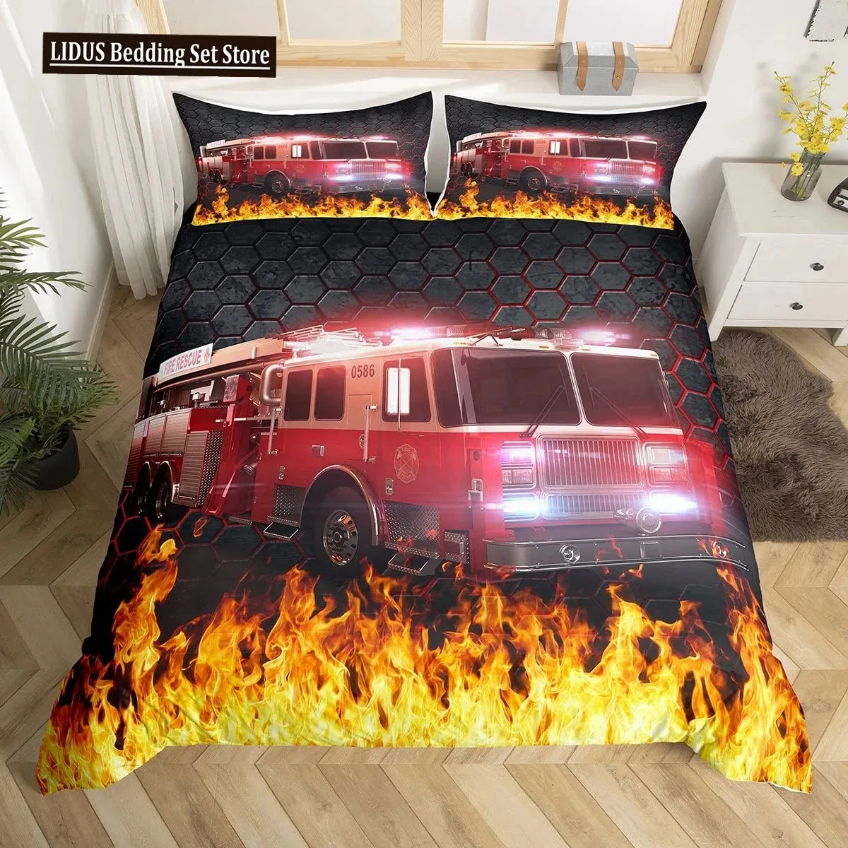 Firefighter Car Duvet Cover Set,Fire Truck Bedding Set King, Honeycomb And Fire Comforter Cover Fire Engine Vehicle Quilt Cover
Firefighter Car Duvet Cover Set,Fire Truck Bedding Set King, Honeycomb And Fire Comforter Cover Fire Engine Vehicle Quilt Cover