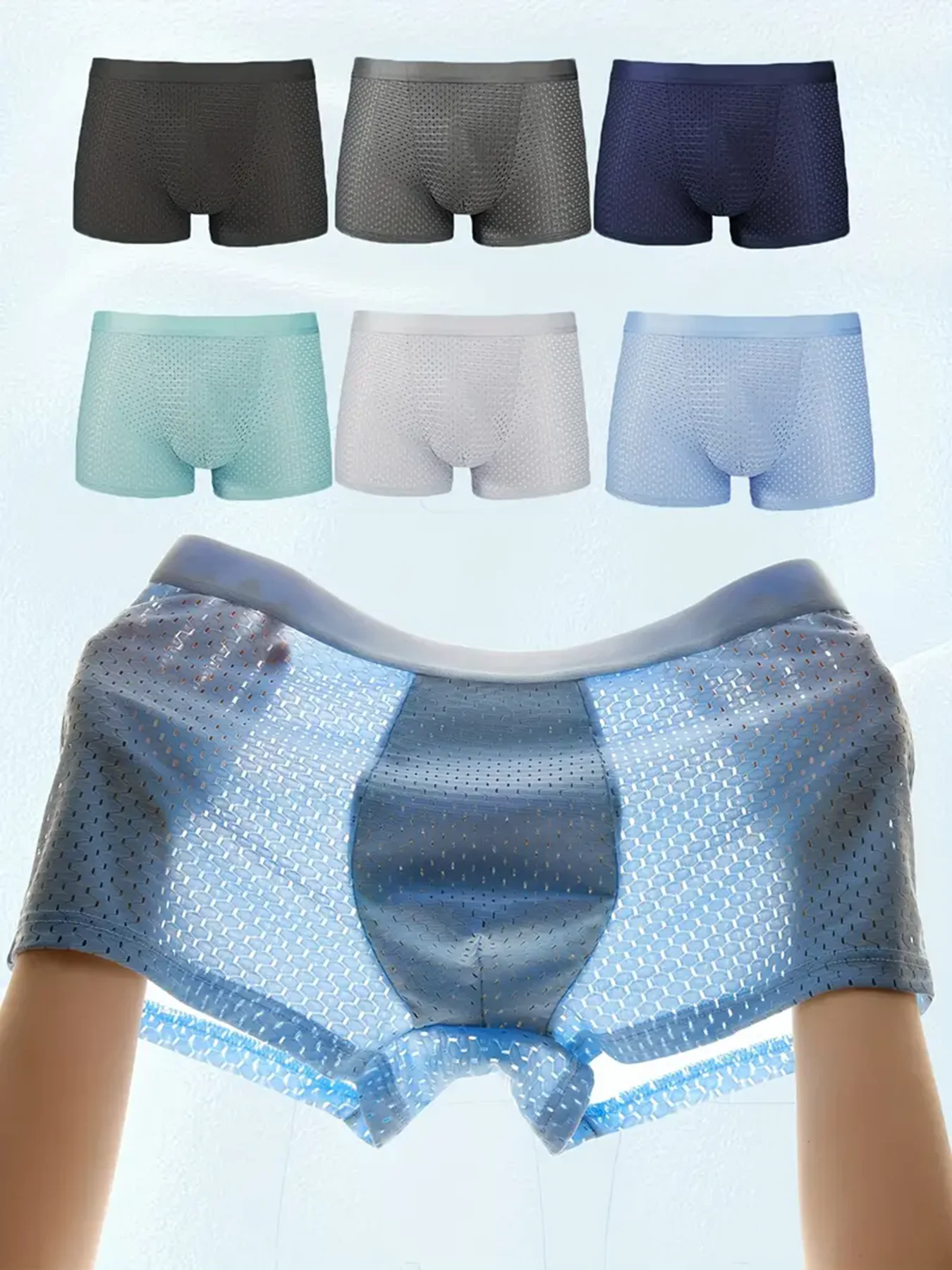New 6Pcs Men Underwear Ice Silk Mesh Breathable Boxer Shorts Sexy Elastic Sports Panties Male Underpant Thin Cool Summer Briefs
New 6Pcs Men Underwear Ice Silk Mesh Breathable Boxer Shorts Sexy Elastic Sports Panties Male Underpant Thin Cool Summer Briefs
