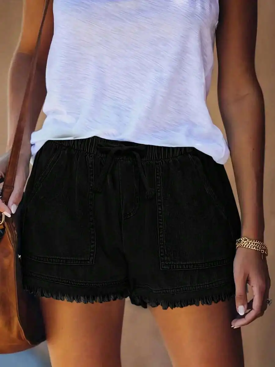 Womens Casual Elastic Waist Fringe Trim Denim Shorts
Womens Casual Elastic Waist Fringe Trim Denim Shorts