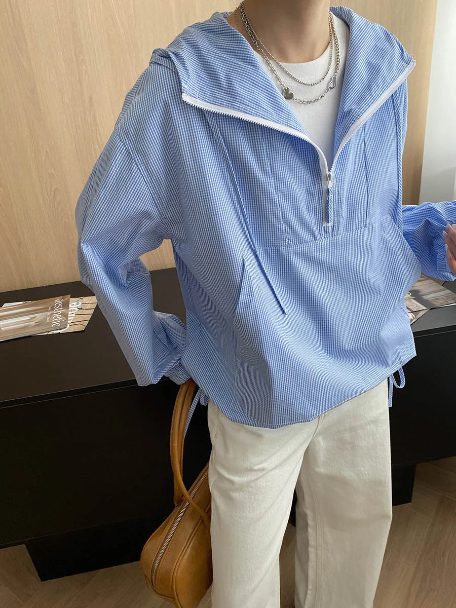 Plaid Shirt Women Fall Japanese Blue Striped Hooded Overshirt Y2K Casual Long Sleeve Pullover Blouse Loose Fit Streetwear Coat
Plaid Shirt Women Fall Japanese Blue Striped Hooded Overshirt Y2K Casual Long Sleeve Pullover Blouse Loose Fit Streetwear Coat