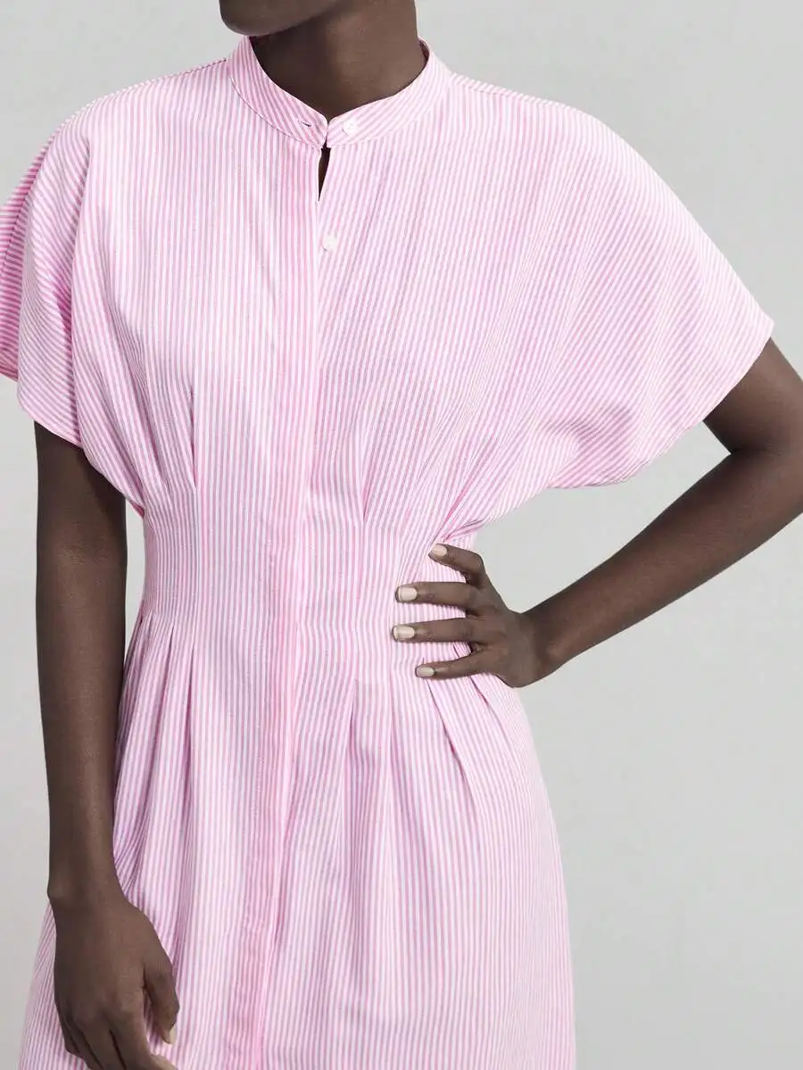 Pink Striped Front Button Short Sleeve Pleated A-Line Midi Dress Casual Summer
Pink Striped Front Button Short Sleeve Pleated A-Line Midi Dress Casual Summer