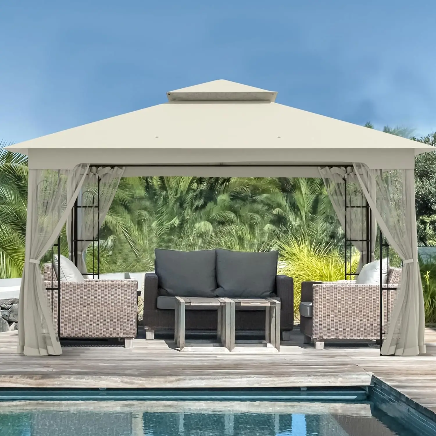 Patio Gazebo with Mesh Netting 13x11 at Top 12x10 Footprint Soft Top Outdoor Pavilion for Backyard Deck Lawn and Garden Beige
Patio Gazebo with Mesh Netting 13x11 at Top 12x10 Footprint Soft Top Outdoor Pavilion for Backyard Deck Lawn and Garden Beige