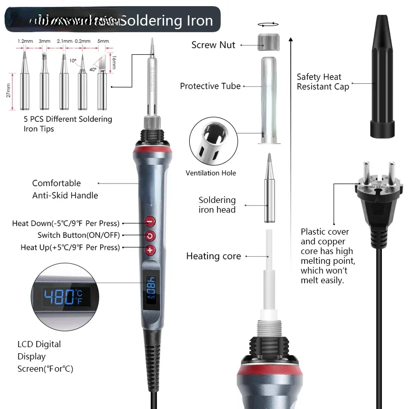 90W LED Handskit Digital Soldering Iron Kit 110V/220V Adjust Temperature Electrical Soldering Iron 4 Wire Core Welding Tools
90W LED Handskit Digital Soldering Iron Kit 110V/220V Adjust Temperature Electrical Soldering Iron 4 Wire Core Welding Tools