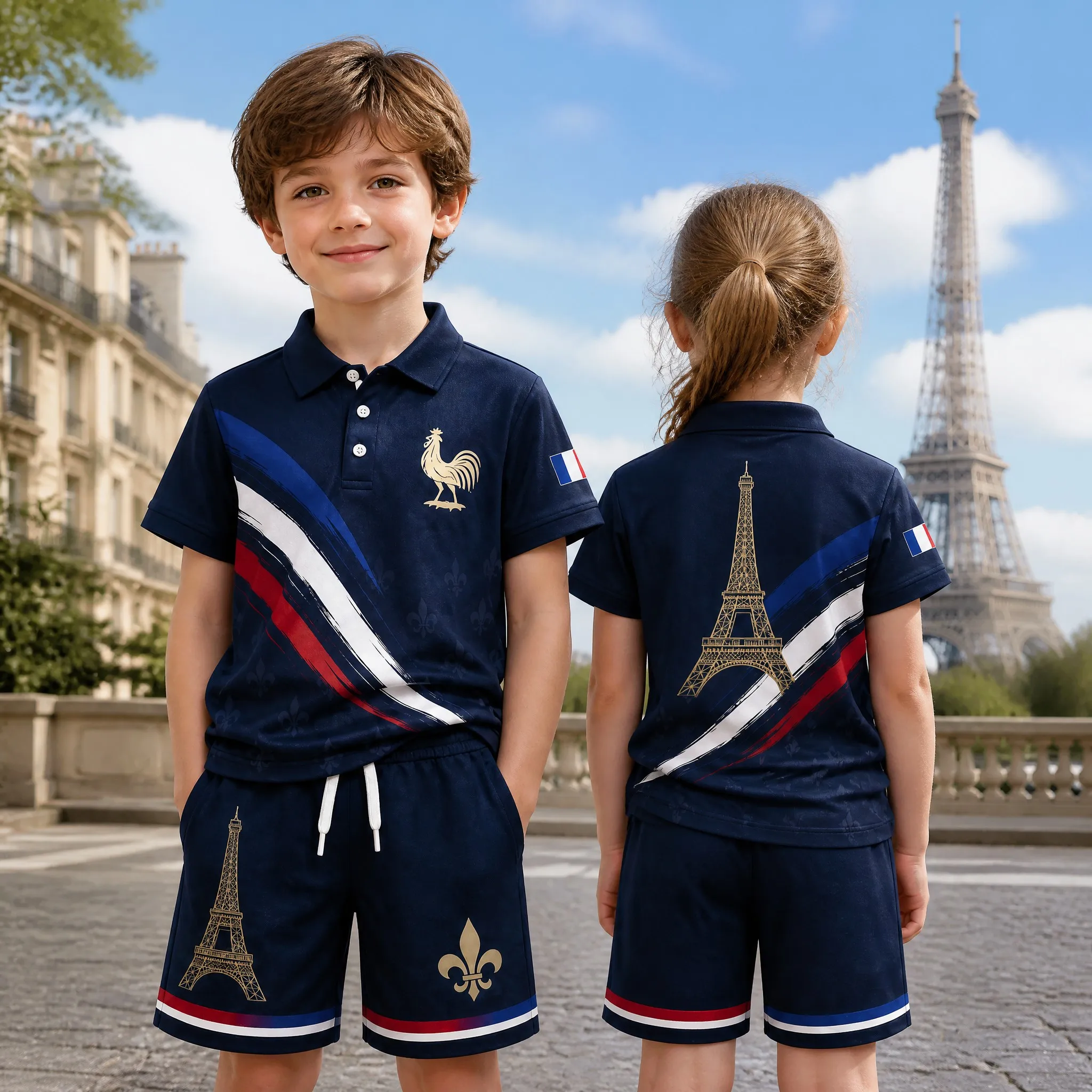 Kids France Polo Shirt and Shorts Set Navy Gold Tower Rooster Print Boys Girls Summer Casual Short Sleeve Two Piece Outfit Style
Kids France Polo Shirt and Shorts Set Navy Gold Tower Rooster Print Boys Girls Summer Casual Short Sleeve Two Piece Outfit Style