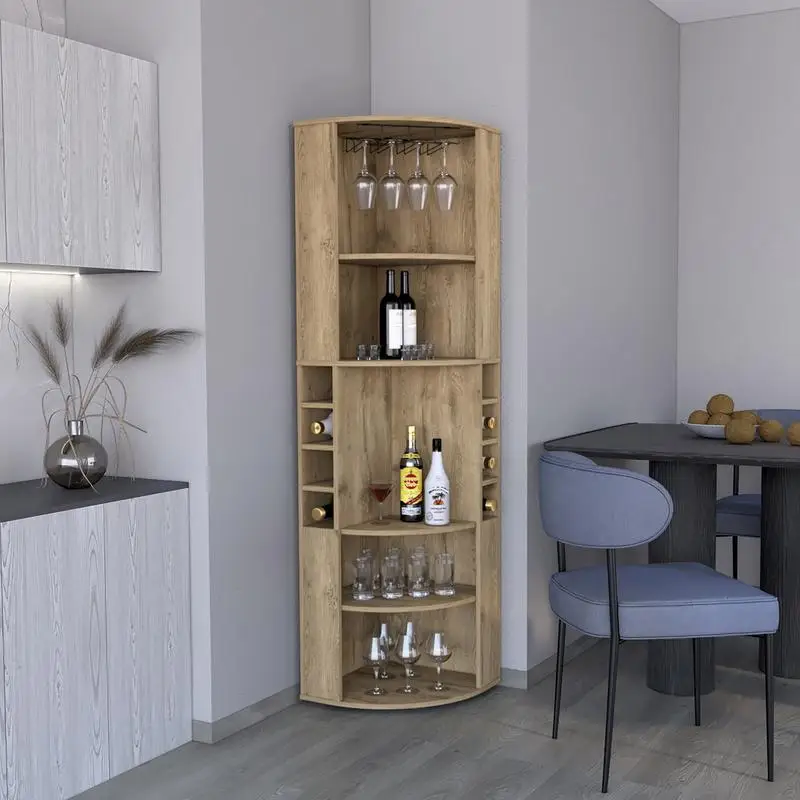 71" Corner Bar Cabinet with 5 Shelves, 8 Bottle Cubbies, and Stemware Storage, Macadamia Finish
71" Corner Bar Cabinet with 5 Shelves, 8 Bottle Cubbies, and Stemware Storage, Macadamia Finish