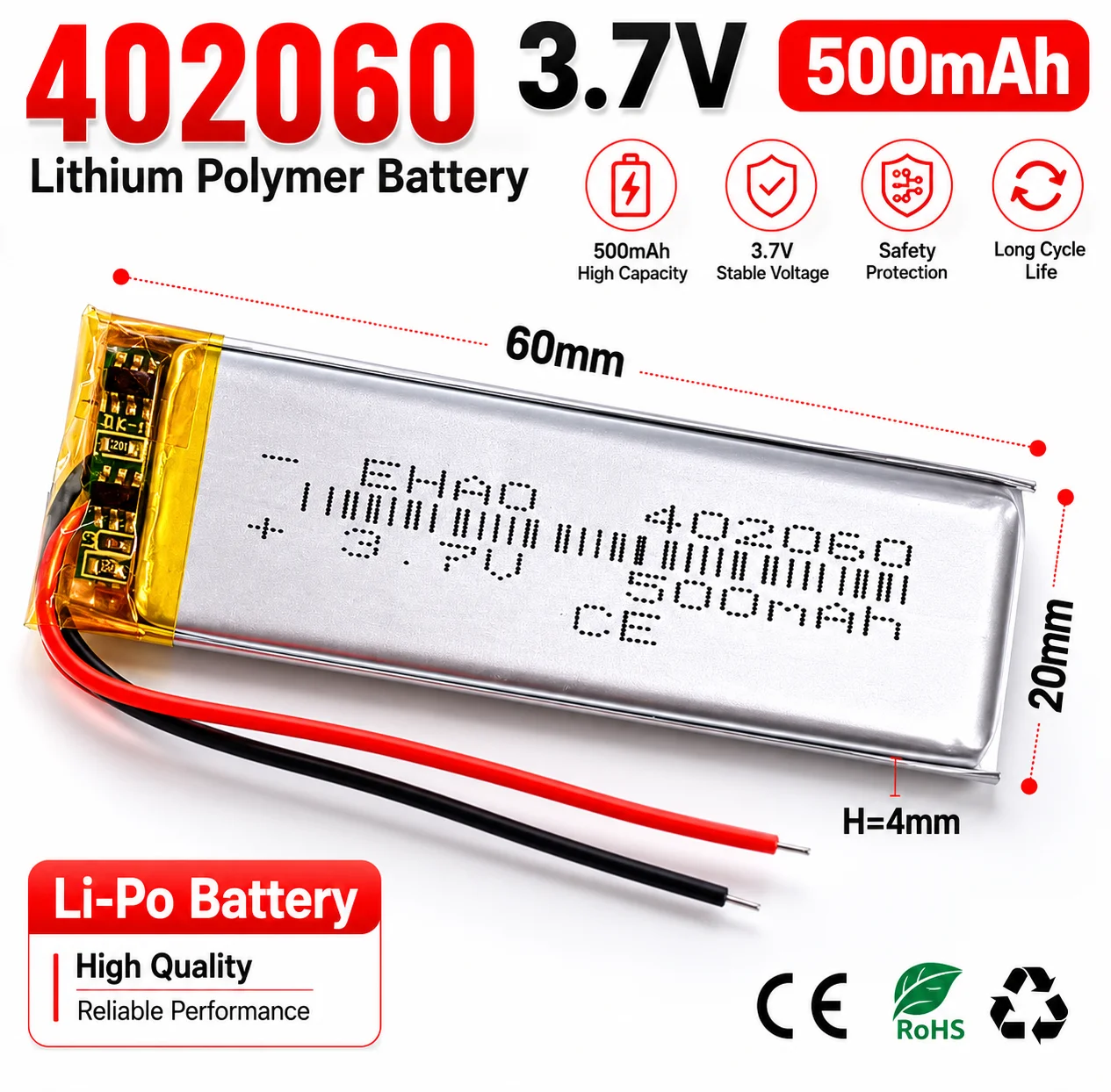 402060 3.7V 500mAh Lithium Polymer Battery for Smart Watch Fitness Band Wireless Speaker GPS Tracker
402060 3.7V 500mAh Lithium Polymer Battery for Smart Watch Fitness Band Wireless Speaker GPS Tracker