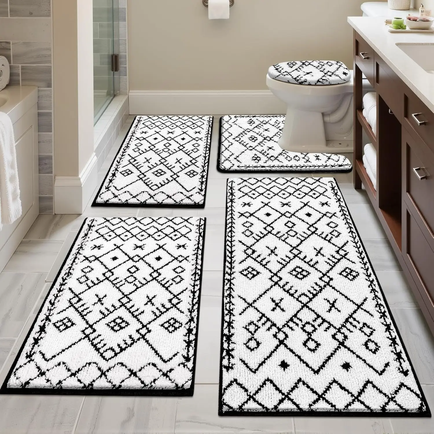 5-Piece Bathroom Rug Set, Soft Absorbent Non-Slip Mats with U-Shaped Toilet Cover, White/Black
5-Piece Bathroom Rug Set, Soft Absorbent Non-Slip Mats with U-Shaped Toilet Cover, White/Black