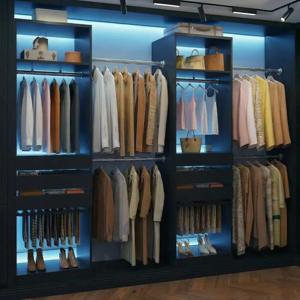 Double-Tier 5.7-10.4ft Closet Organizer with 6 Shelves, 2 LED Glass Tops, 10 Rods, 2 Trouser Racks, and Built-in Racks
Double-Tier 5.7-10.4ft Closet Organizer with 6 Shelves, 2 LED Glass Tops, 10 Rods, 2 Trouser Racks, and Built-in Racks