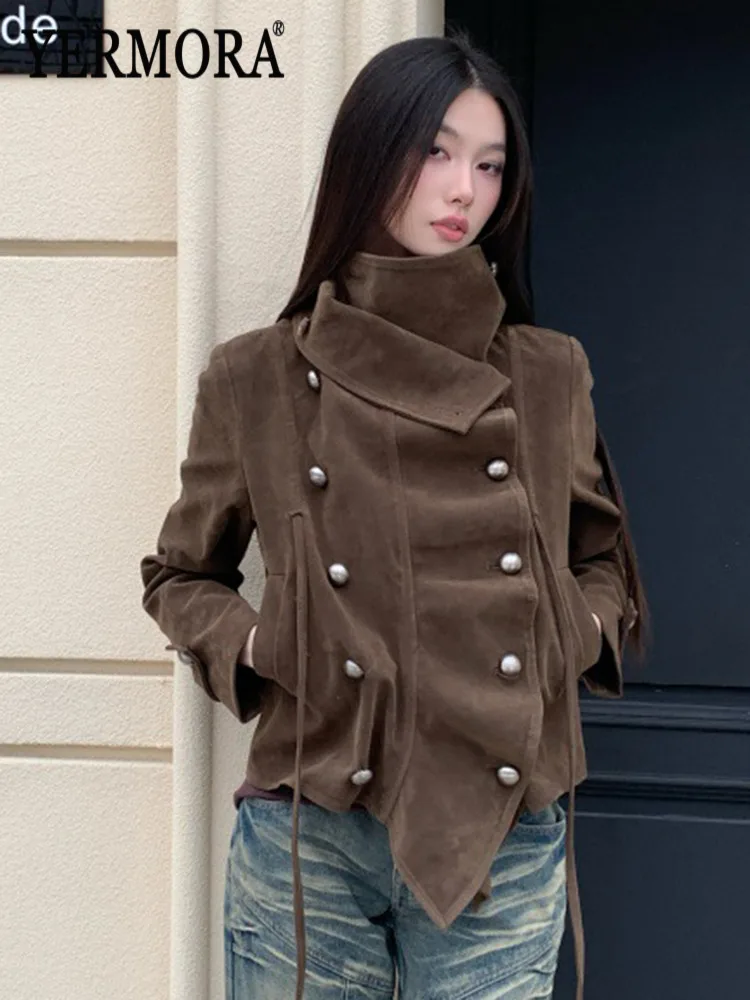 YERMORA Brown Irregular Ruffles Button Jacket For Women Stand Collar Long Sleeve Loose New Coat Fashion Tide Spring Autumn 2026
YERMORA Brown Irregular Ruffles Button Jacket For Women Stand Collar Long Sleeve Loose New Coat Fashion Tide Spring Autumn 2026