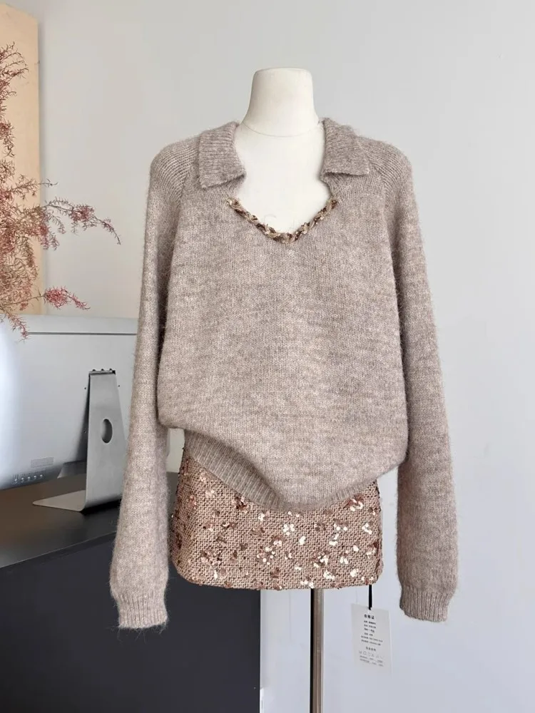 Polo Collar Thick Sweater Set For Women'S Autumn And Winter Simple Loose Top Paired With Sequined Half Skirt Two-Piece Set
Polo Collar Thick Sweater Set For Women'S Autumn And Winter Simple Loose Top Paired With Sequined Half Skirt Two-Piece Set